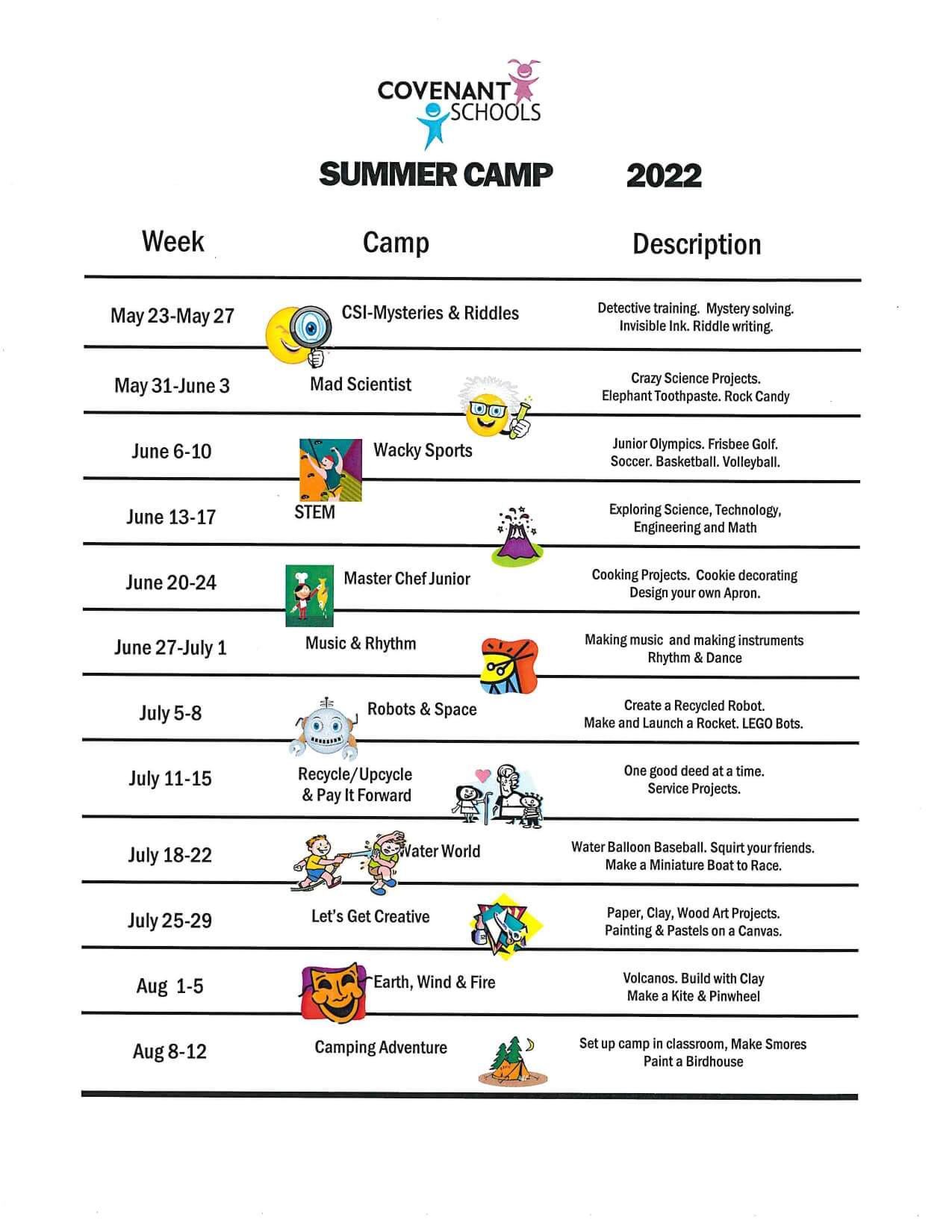 Summer camp calendar 2022